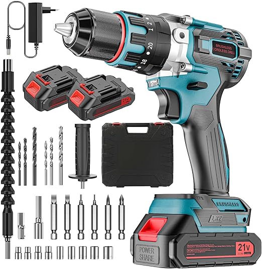 Brushless Perceuse Visseuse Sans Fil 21V, Visseuse Devisseuse Sans Fil avec 2 Batteries 2,0Ah, Perceuse Percussion pour le Bricolage, 80 Nm, 0-3000RPM, 2 Vitesses, LED