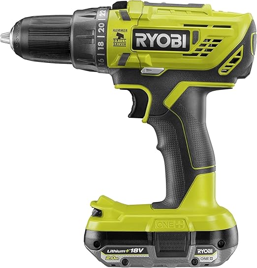 Ryobi - Perceuse-visseuse à percussion 18V - 2 vitesses - 50 Nm - 500-1 800 tr/min - réglage de couple 24 positions - mandrin 13 mm livrée avec 1 batterie 2Ah et son chargeur - R18PD32-1C20G