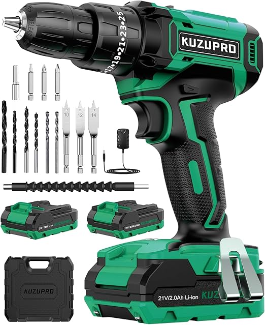 KUZUPRO Perceuse Visseuse Sans Fil 21V, Visseuse Devisseuse avec 2 Batteries 2.0Ah, 42Nm Percussion, 25+3 Réglages de Couple, 14 Accessoires, 2 Vitesses, LED, pour la Bricolage