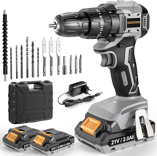 AKZWOXRO Perceuse Visseuse Sans Fil 21V, Brushless Visseuse Devisseuse avec 2 Batteries 2.0Ah, 45N.m Percussion, 20+3 Réglages de Couple, 14 Accessoires, 2 Vitesses, pour la Bricolage, Gris