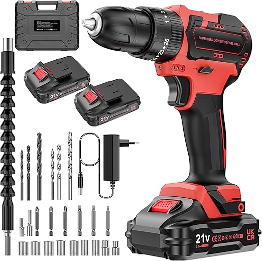 Brushless Perceuse Visseuse Sans Fil 21V, Visseuse Devisseuse Sans Fil Avec 2 Batteries 2.0Ah, 25+3 Réglages de Couple, 2 Vitesse, Lumières LED