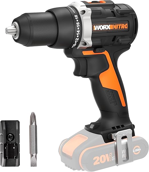 WORX NITRO - Perceuse-visseuse Brushless sans fil 20V-2Ah- 60Nm ⌀13mm- WX102.9 (Livrée sans batterie ni chargeur, 3 accessoires de vissage/perçage)